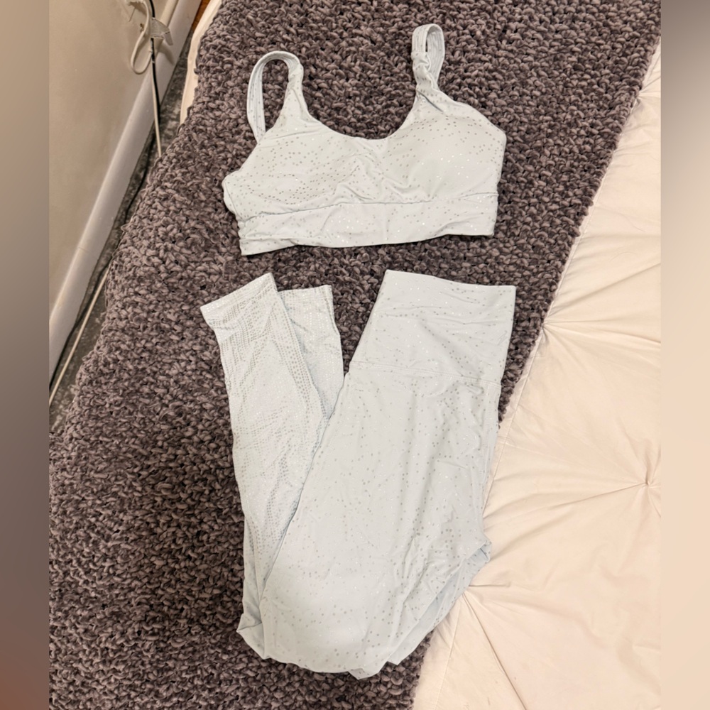 Electric yoga light blue metallic gray polkadot active workout set